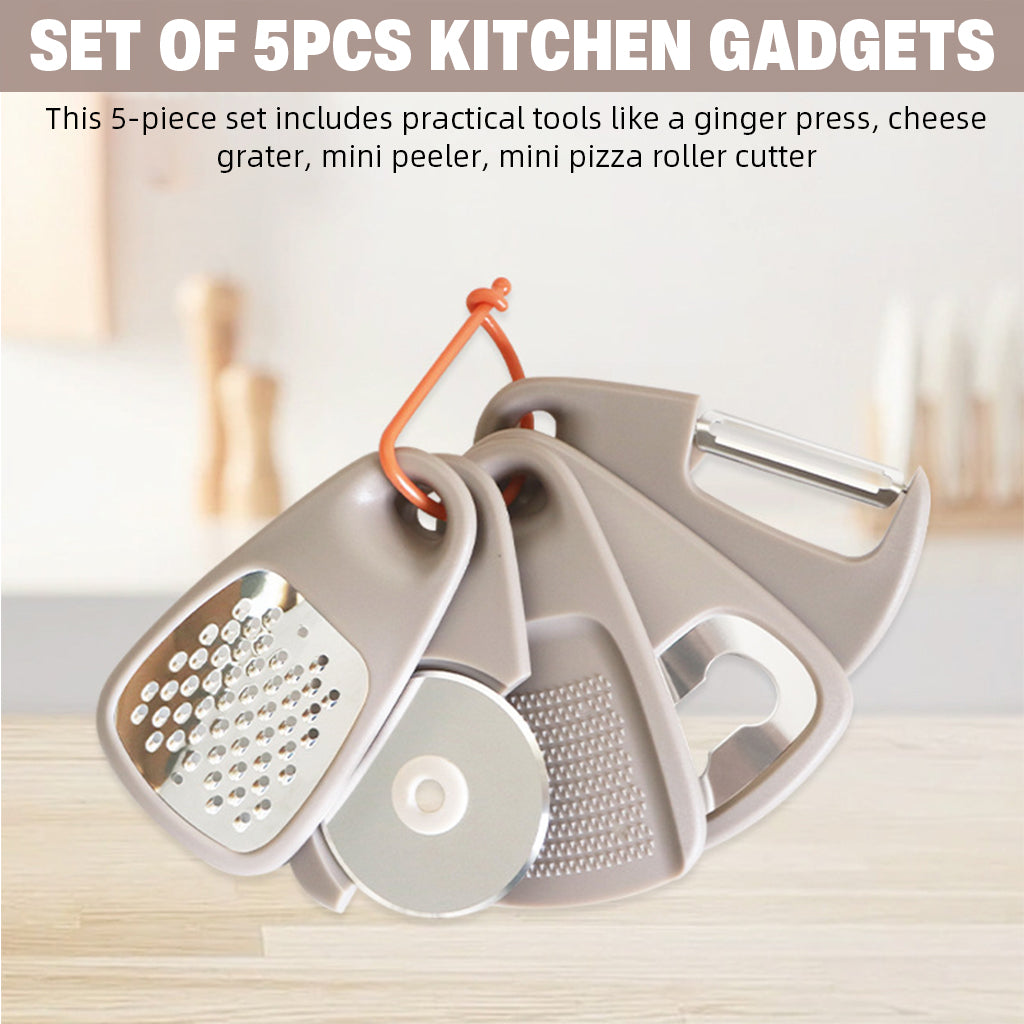 Supvox Set of 5Pcs Kitchen Gadgets Palm-sized 5 inches Garlic Ginger Press, Cheese Grater, Mini Peeler, Mini Pizza Roller Cutter, Bottle Opener, Stackable Utility Kitchen Small Gadgets