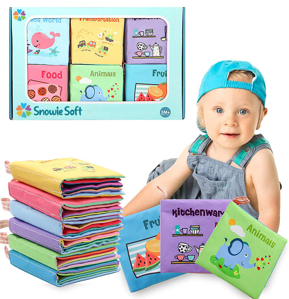 SNOWIE SOFT 6Pcs Baby Cloth Book Travel Baby Play Books 10-Page Themed Books Built in Squeaky Cloth Book Sensory Book Early Educational Books for 6-12 Months Shower Gift Baby Gift