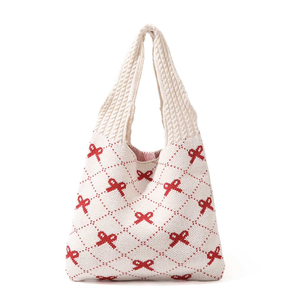 PALAY Knitting Tote Bag for Girls Women Shoulder Bag Fashion Casual Soft Bag Cute Red Bow Knitting Shoulder Bag Day Bag Book Bag for School, Office, Travel, 35x36cm