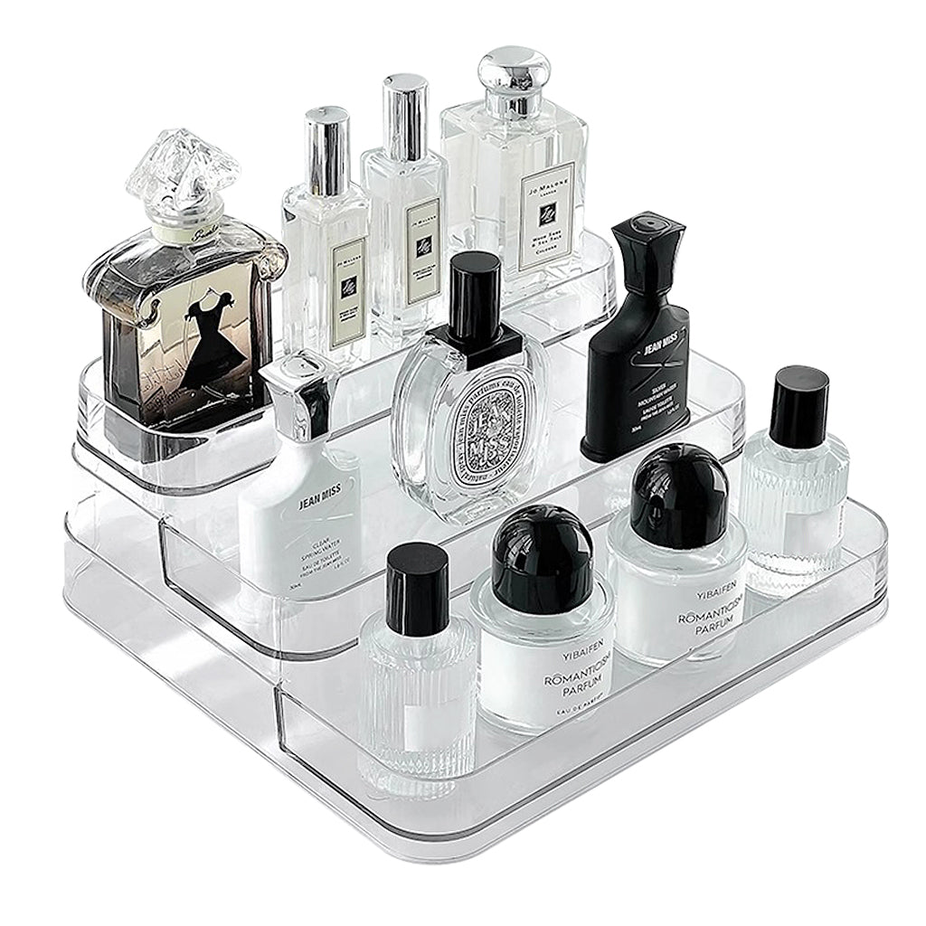 HANNEA Dressing Table Tray Organzier 3-Tier Acrylic Clear Perfume Organzier Displaying Holder Perfume Organizer for Dresser, Bathroom, Lipsticks, Makeups, Perfume, 26.5x24.5x10.5cm