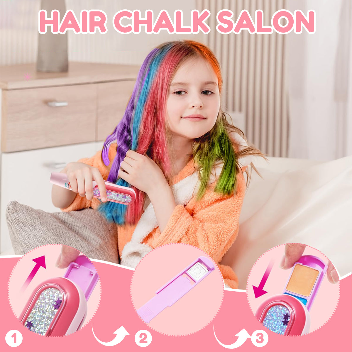 PATPAT Girls Hair Styling Tools Kit Glittering Multi Color DIY Hair Dye Chalk Set with Applicator, Easy and Fun Stylish Girls Hair Styling Tools Gift Set for 4-12 Years Old