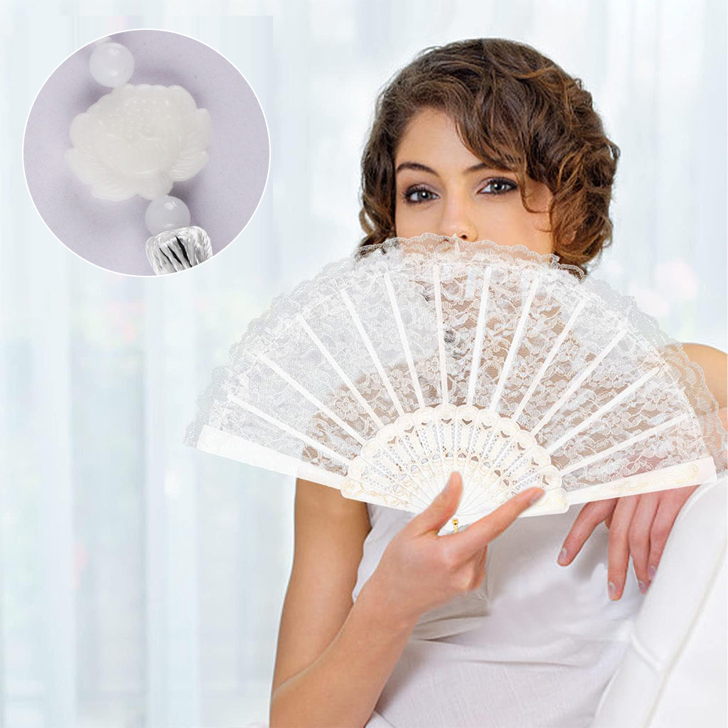 HASTHIP Hand Fan Elegant White Fabric Hand Fan Traditional Chinese Fan with Tassel Charm Summer Fan Handheld Cooling Fan Travel Hand Fan Gift for Girls Women, 9 inches