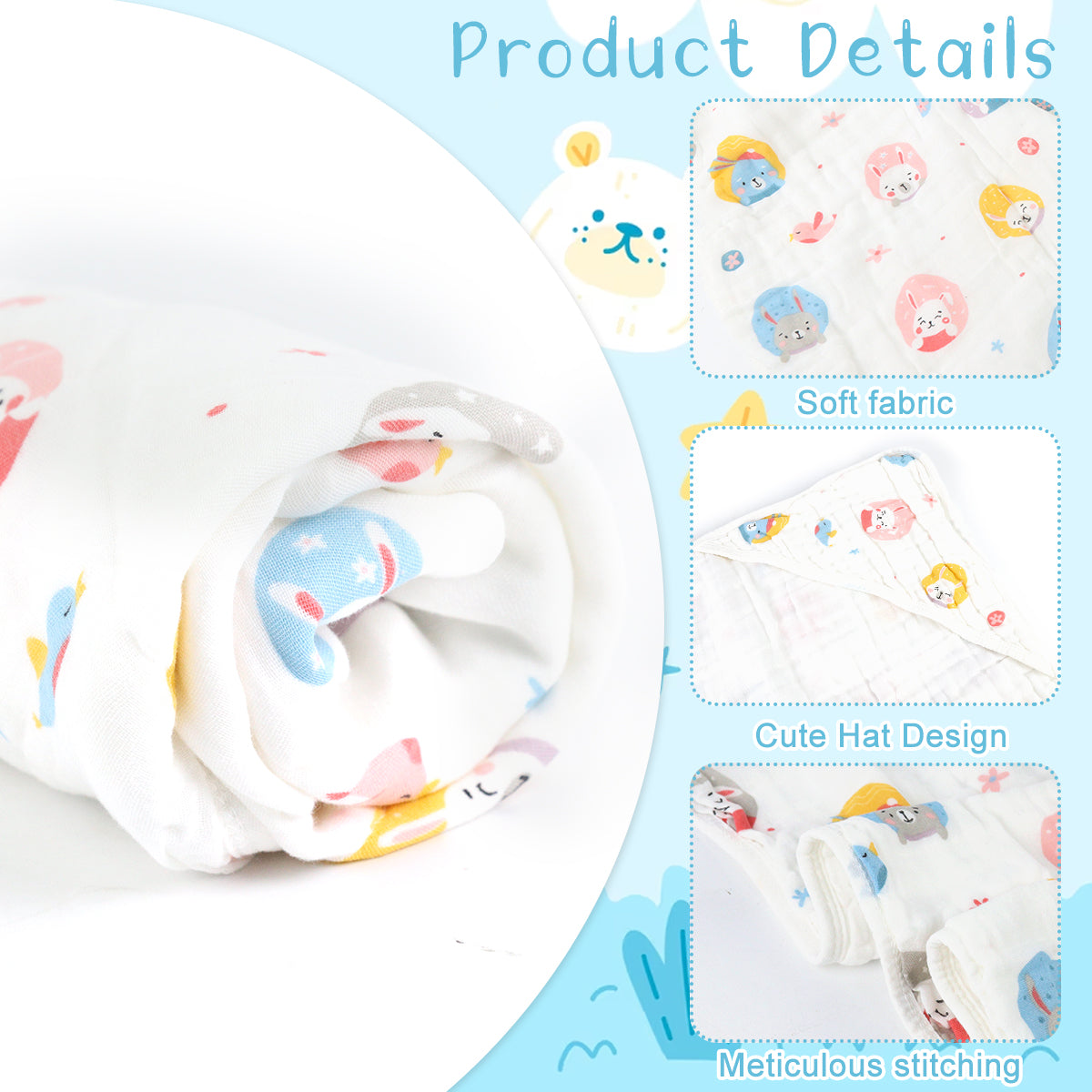 SNOWIE SOFT Baby Infant Bath Wrap Hooded New Born Wrap Ultra Soft Cotton Baby Swaddle Absorbent Baby Bath Wrap Bath Towel Cute Cartoon Baby Swaddle Bath Towel Shower Gift for Baby Girls Boys, 90x90cm