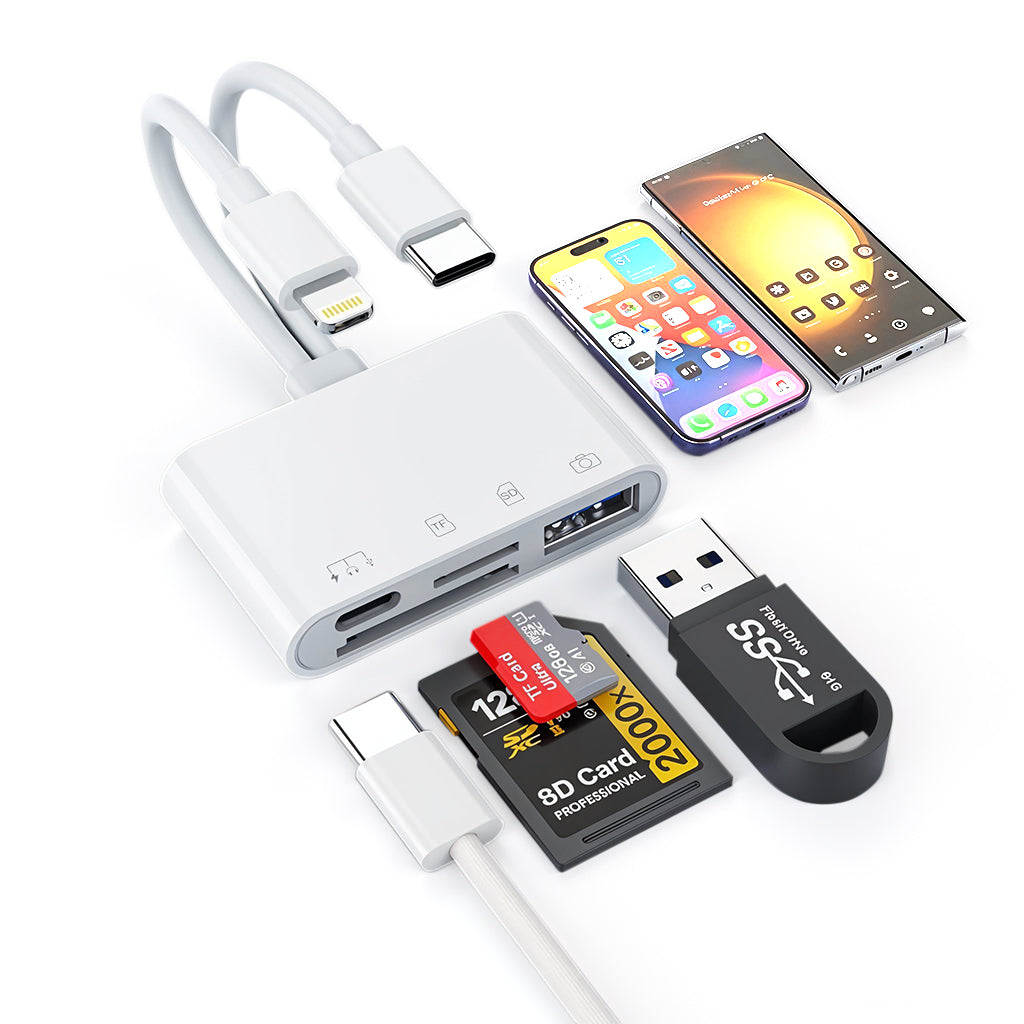 Verilux® Multi Card Reader for iPhone SD Card Reader 4 in 2 SD Card Reader USB C/Light-ning to SD/TF Card Flash Drive Reader Support Fast Charging for iOS Devices Portable Multi Card Reader