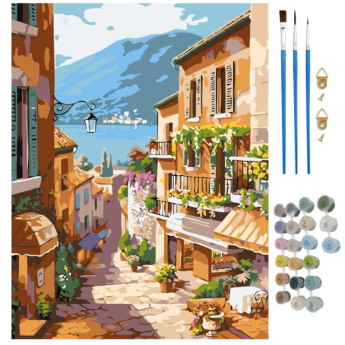 HASTHIP DIY Paint by Numbers Kit for Adults, Pre-Framed European Town Scenery Canvas with Acrylic Paints & Brushes, Beginner-Friendly Art Kit for Wall Decor & Gift, Home DIY Oil Painting, 16x20 Inch