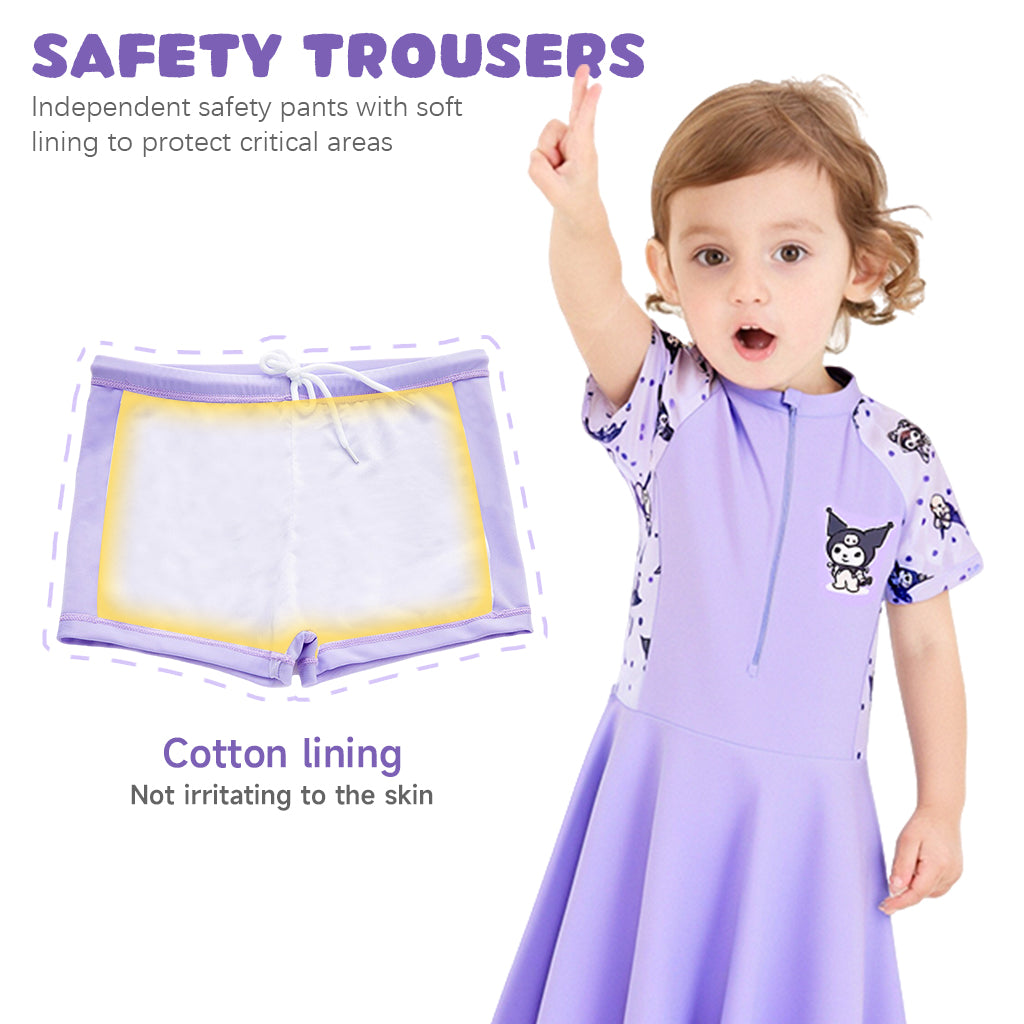 SNOWIE SOFT One-Piece Kuromi Swimming Costume for Kids Girls, Cartoon Swim Suit Set for Girls with Safety Pants for 120-130cm 22-26 Kg 6-7 Years Old Girls for Swimming, Aerobics and Outdoor Seaside