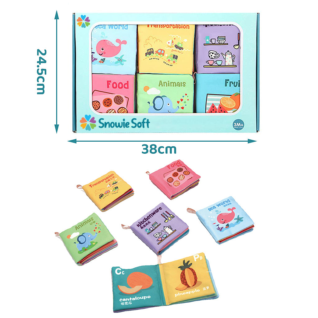 SNOWIE SOFT 6Pcs Baby Cloth Book Travel Baby Play Books 10-Page Themed Books Built in Squeaky Cloth Book Sensory Book Early Educational Books for 6-12 Months Shower Gift Baby Gift