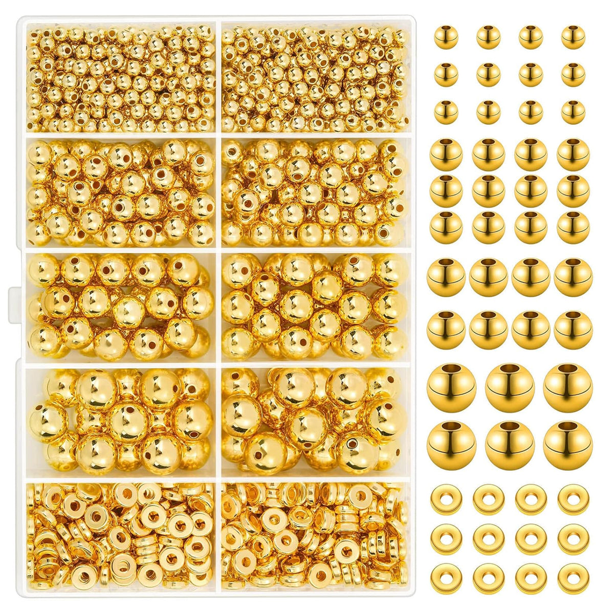 SANNIDHI® 1000Pcs Golden Beads for Bracelet Making, Round Spacer Beads for Jewelry Making, 4/6/8/10mm Smooth Beads Spacer Rings, Resin Loose Ball Beads Kit for DIY Craft