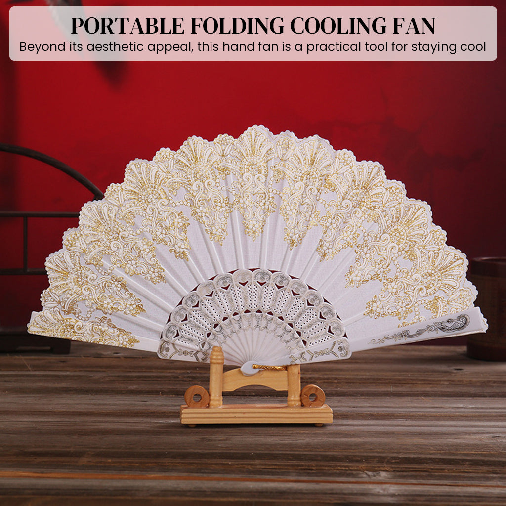 HASTHIP Hand Fan Elegant White Fabric Hand Fan Traditional Chinese Fan with Tassel Charm Summer Fan Handheld Cooling Fan Travel Hand Fan Gift for Girls Women, 9 inches
