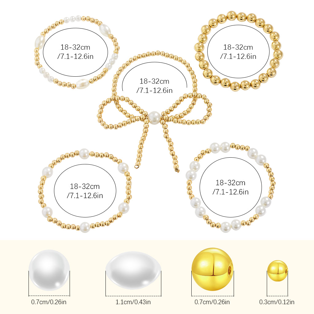 SANNIDHI 5Pcs Metal Beaded Bracelets Golden Beaded Faux Pearl Bracelets for Girls Women Golden Finish Elegant Bowknot String Beaded Bracelets Jewelry Gift for Girls Birthday Gift
