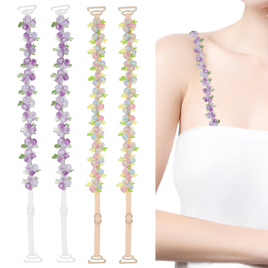 SANNIDHI Bra Straps for Women Fancy Straps for Bra, 2 Pairs Embroidered Floral Bra Straps, 1.8cm Width Stretchy Adjustable Bra Strap Replacement for Off Shoulder Tops Dress Evening Dress