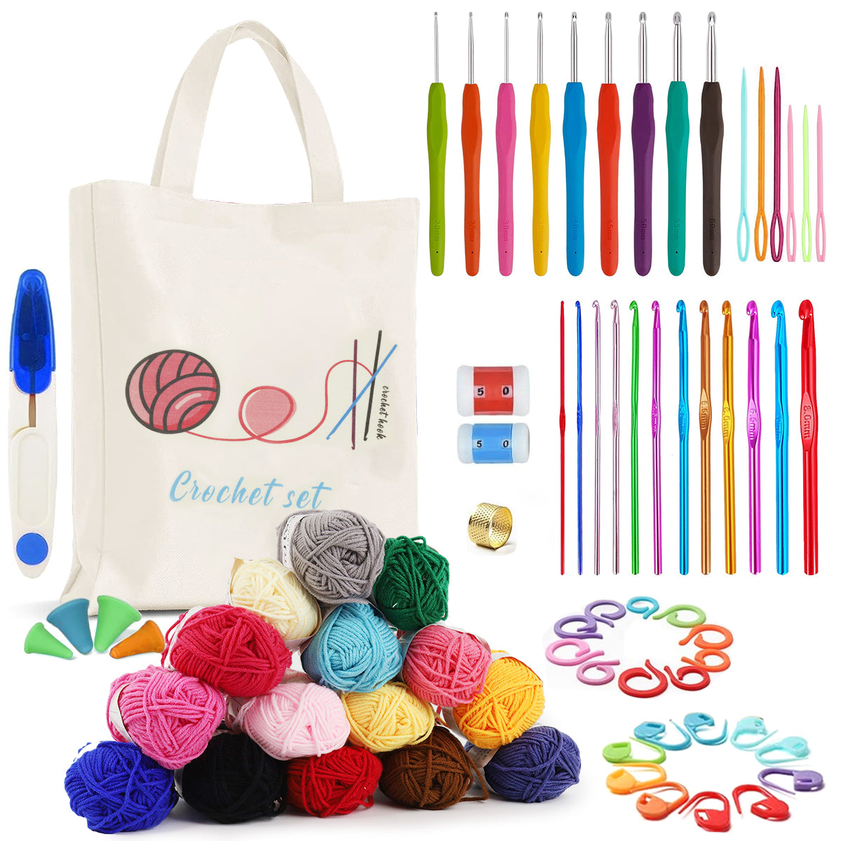 HASTHIP 72PCS Crochet Kit for Beginners Adults, Knitting Starter Kit for Colorful Craft, Crochet Hooks Set includes Canvas Tote Bag for DIY Crocheting Crochet Accessories and Supplies