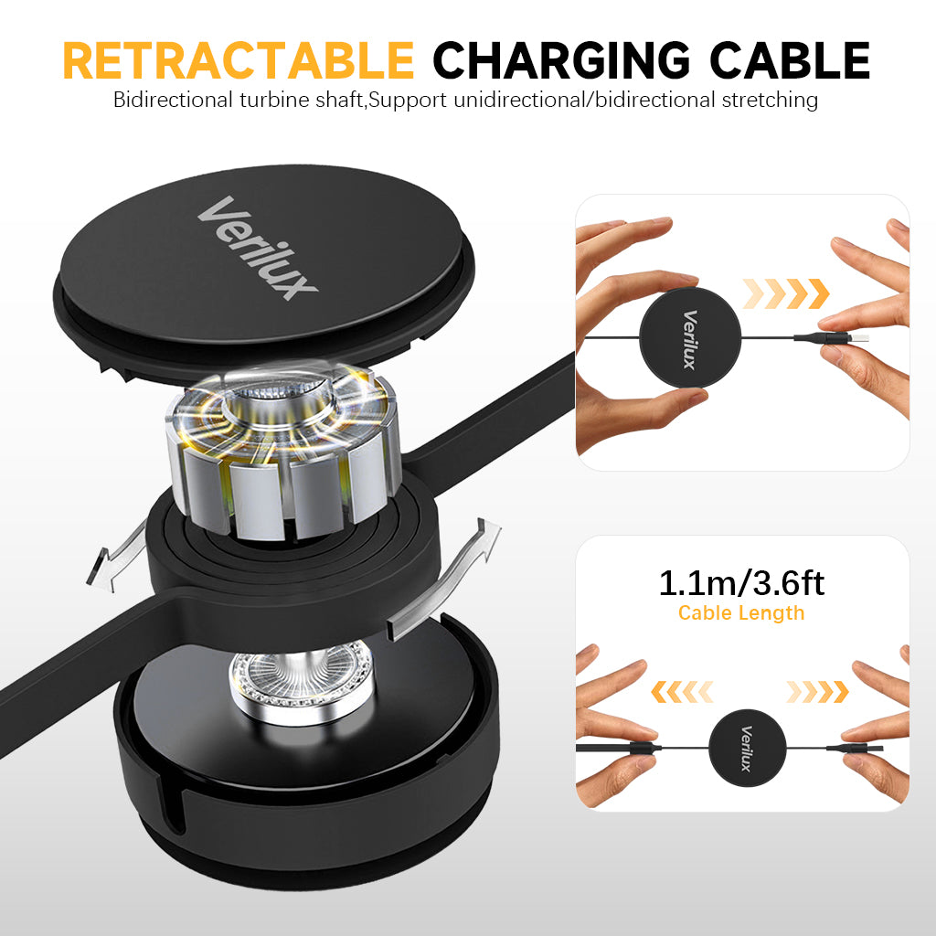 Verilux 3 in 1 USB to Type C Cable, PD 100W Multi USB A/C to USB C/Light-ning/Micro USB Cable, 3.6FT Retractable Car Charger Type C Cable for iPhone 16/15/14, Galaxy S24/S23, Android, Laptop