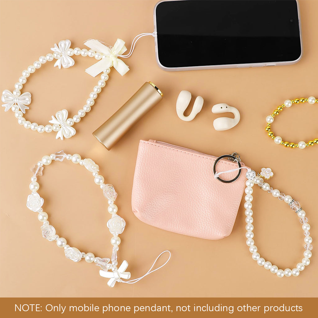 ZORBES 3Pcs Chic Pearl Beaded Phone Charm Lanyard Flower Charm Bow Phone Loop String Phone Strap Phone Grip Lanyard Cute Girls Phone Charm Fashion Beaded Phone Chain Gifts for Girls.
