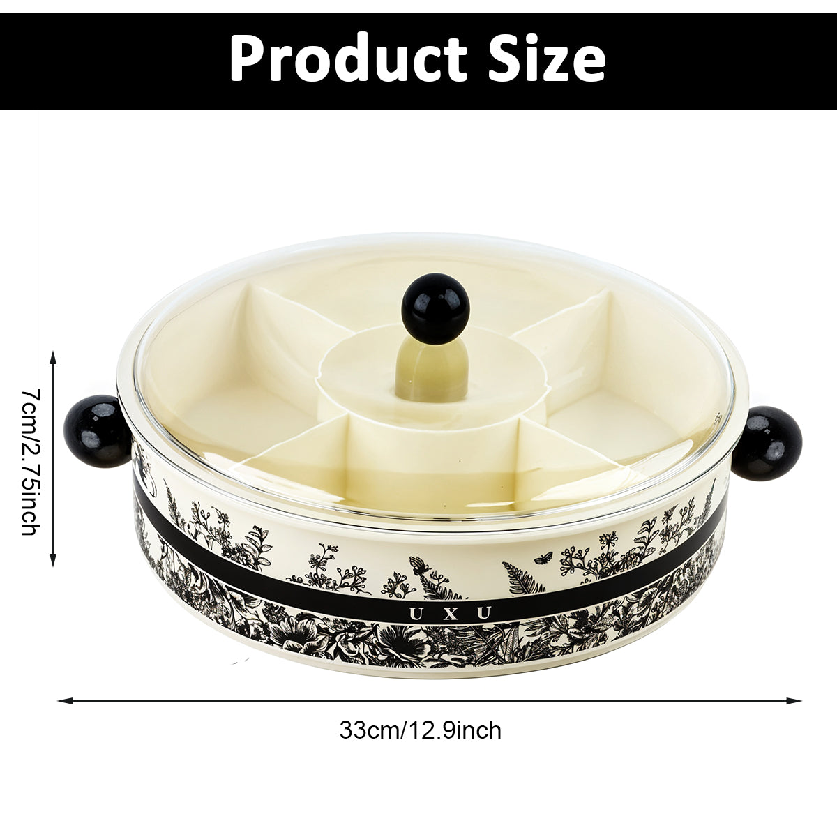 Supvox Dry Fruit Container 13 inches Round Snack Serving Tray with Lid 5 Compartments Design Elergant Kitchen Party Organizer Food Serving Tray for Deli, Snacks, Nuts, Tea Bag