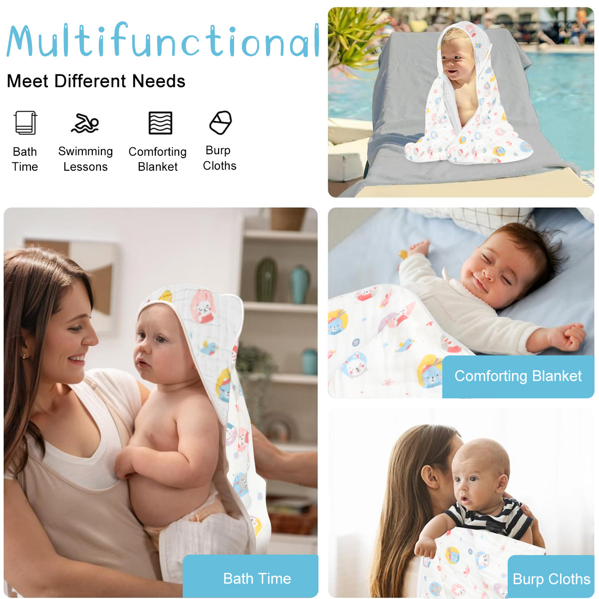 SNOWIE SOFT Baby Infant Bath Wrap Hooded New Born Wrap Ultra Soft Cotton Baby Swaddle Absorbent Baby Bath Wrap Bath Towel Cute Cartoon Baby Swaddle Bath Towel Shower Gift for Baby Girls Boys, 90x90cm