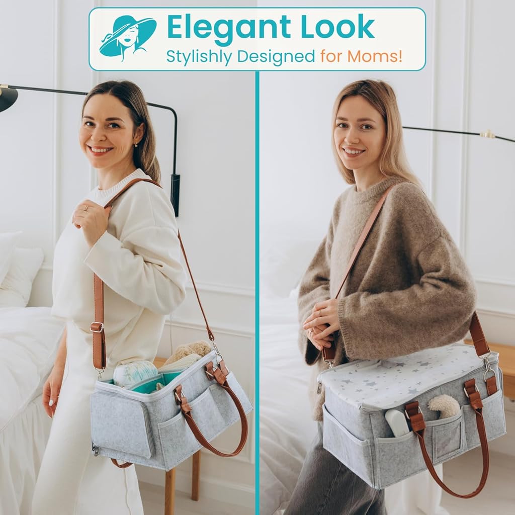 SNOWIE SOFT Baby Diaper Bag Felt Baby Diaper Caddy Bag Organizer Basket with Handle Multi Compartments Carry All Mommy Bag Baby Things Organizer Baby Shower Gifts New Born Essentials