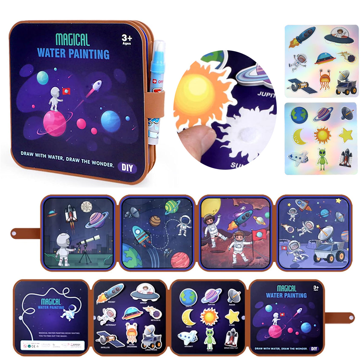 SNOWIE SOFT DIY Coloring Book with Brush Pan Paint by Water Doodle Book for Toddlers Space Man Cartoon Doodle Book Drawing Book Travel Busy Book Birthday Gift for Kids