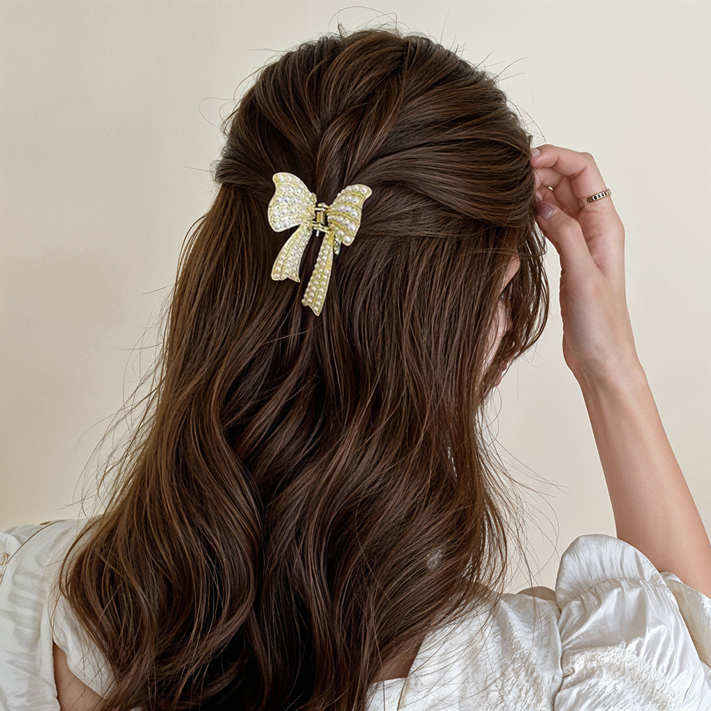 ZIBUYU Small Pearl Bow Hair Accessories for Women Wedding, Bow Hair Clips for Women,  Golden Alloy Half Updo Hair Charm Fashion Meta Hair Clips for Girls Women