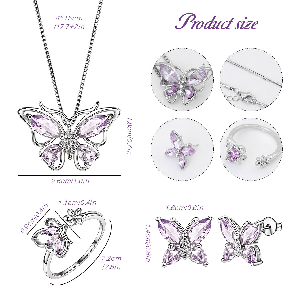 SANNIDHI 4Pcs Necklace Set for Girls Women Stylish Crystal Butterfly Pendant Necklace Adjustable Finger Rings Studs Earrings Jewellery Set Valentine Birthday Gifts for Women, Girls, Sister - Purple