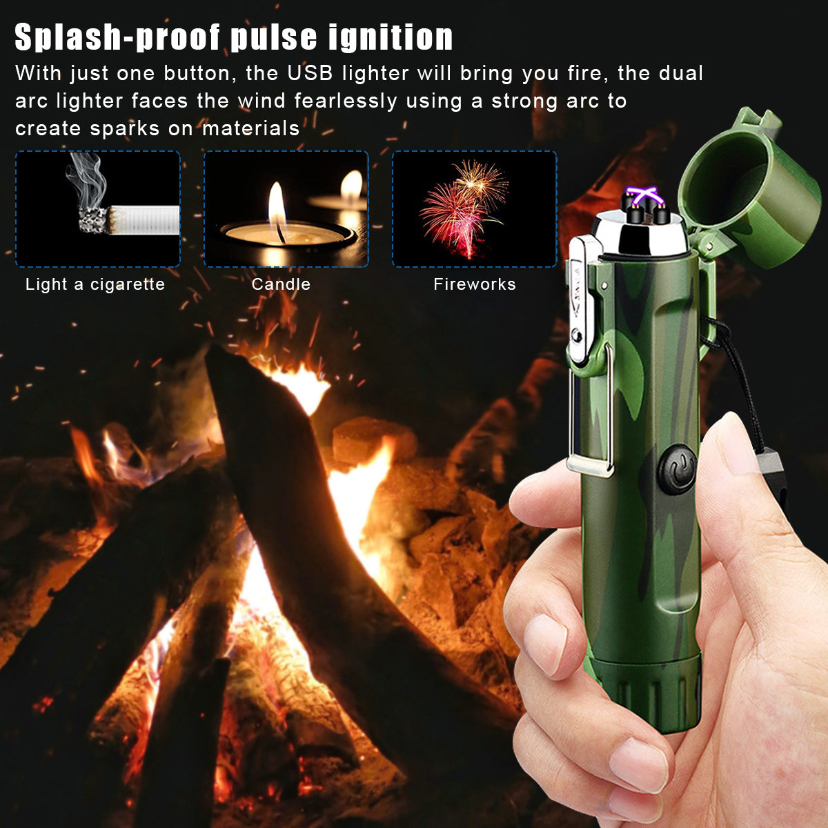 ELEPHANTBOAT® 3 in1 Electric Lighter with Flashlight and Compass, Windproof and Waterproof Rechargeable Dual Arc Plasma Beam Torch Lighter for Camping Hiking Adventure Survival Tactical Gear