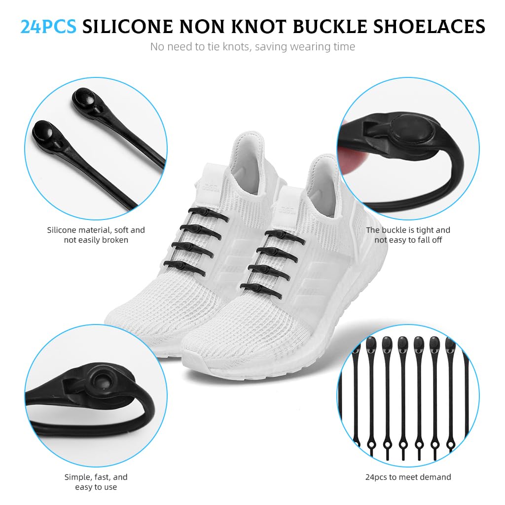 MAYCREATE 24pcs Shoelaces Replacements No Loose Silicone Sneaker Shoelaces Tie-Free Snap Closure Shoelaces 4.5 Inches Elastic Silicone Shoelaces for Sneakers, Casual Shoes
