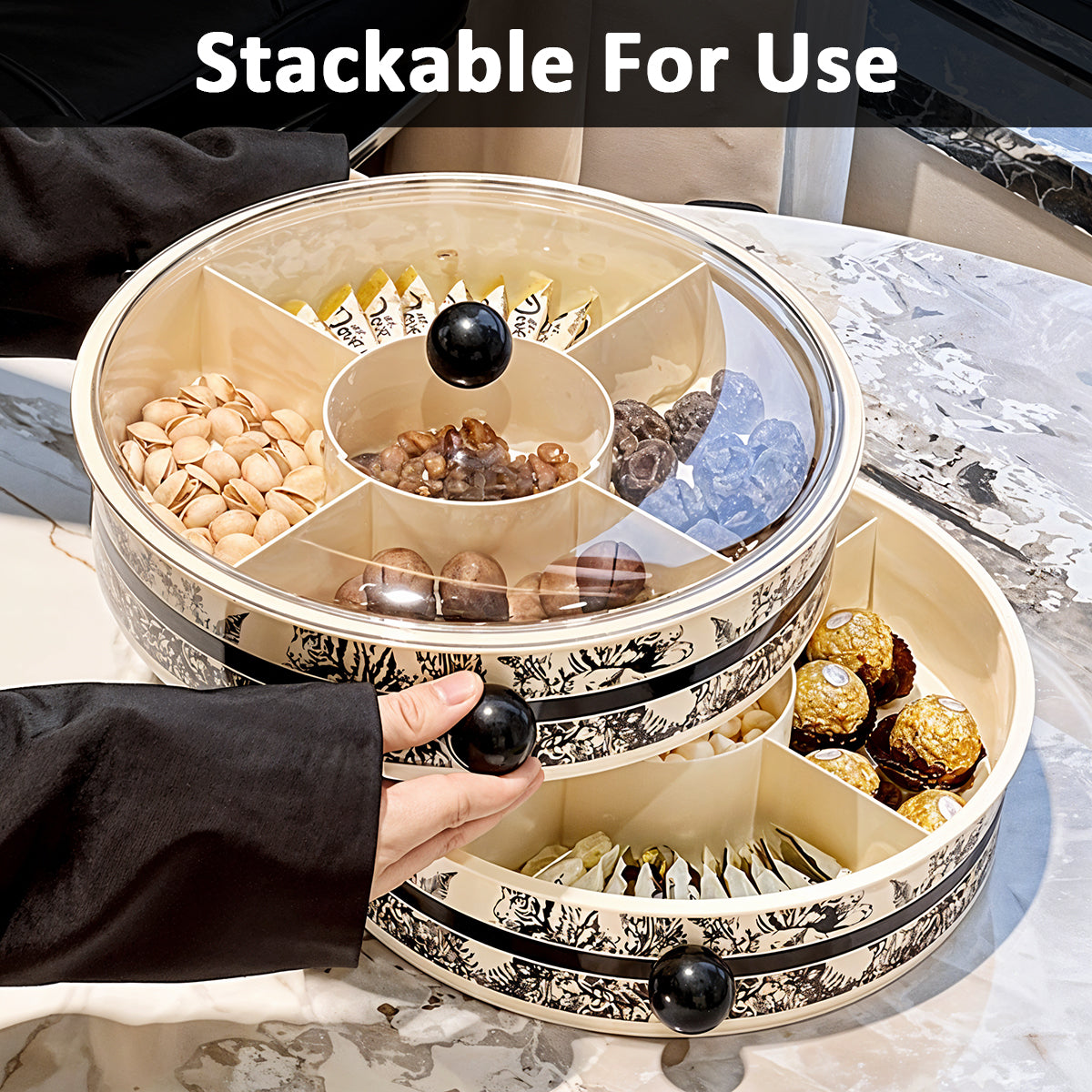 Supvox Dry Fruit Container 13 inches Round Snack Serving Tray with Lid 5 Compartments Design Elergant Kitchen Party Organizer Food Serving Tray for Deli, Snacks, Nuts, Tea Bag