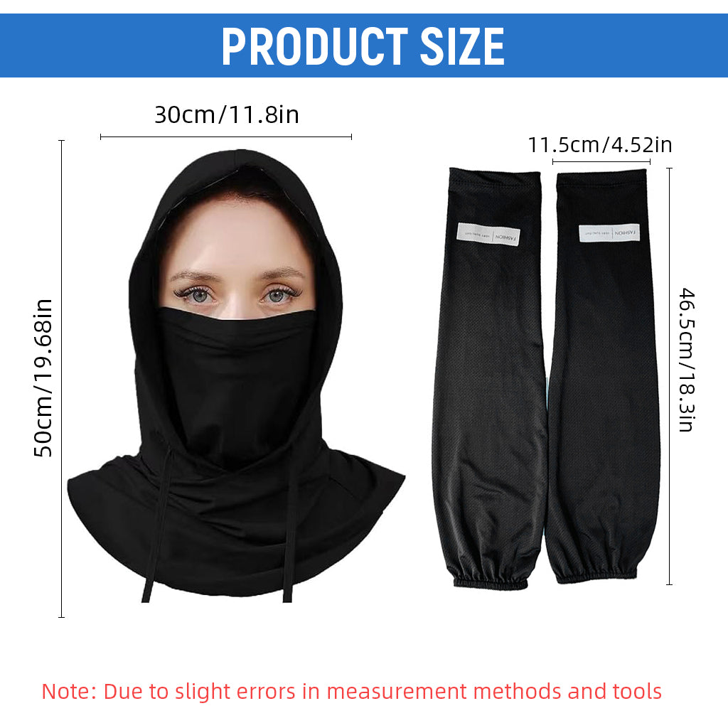 Proberos Ice Silk Summer Balaclava Hat Face Mask & Arm Sleeves UPF400+Sun Protection Drawingstring Hood Neck Gaiter Intergrated Face Mask Design Loosen Fit Arm Sleeves Fashion Outdoor Gear, Black