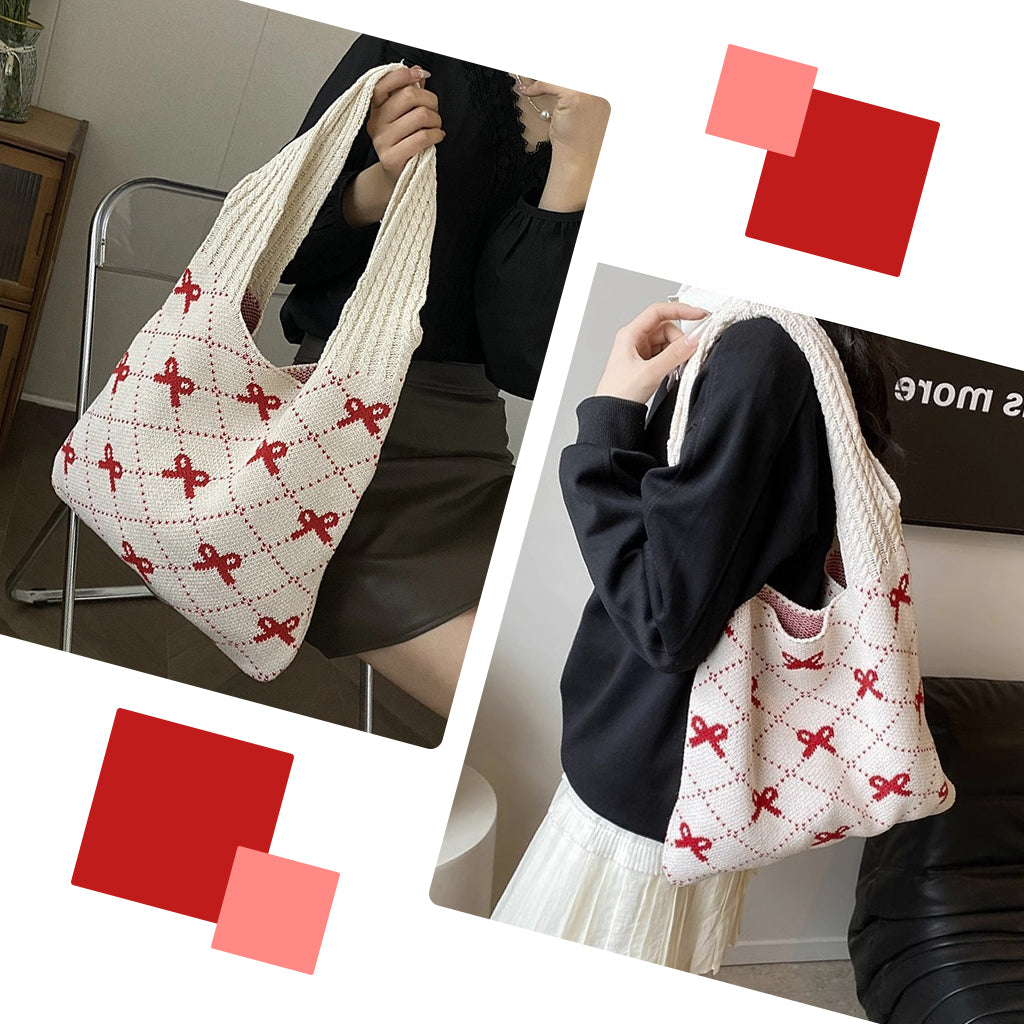 PALAY Knitting Tote Bag for Girls Women Shoulder Bag Fashion Casual Soft Bag Cute Red Bow Knitting Shoulder Bag Day Bag Book Bag for School, Office, Travel, 35x36cm