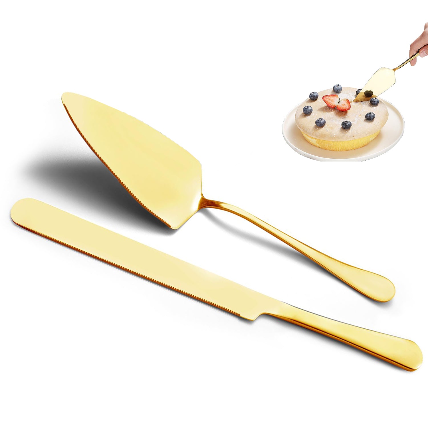 HASTHIP Cake Cutter Cake Server Set Golden Stainless Steel Serrated Edge Cutter Triangle Cake Server for Birthday Cake, Pizza, Pie, Kitchen Tool, Party Supplies