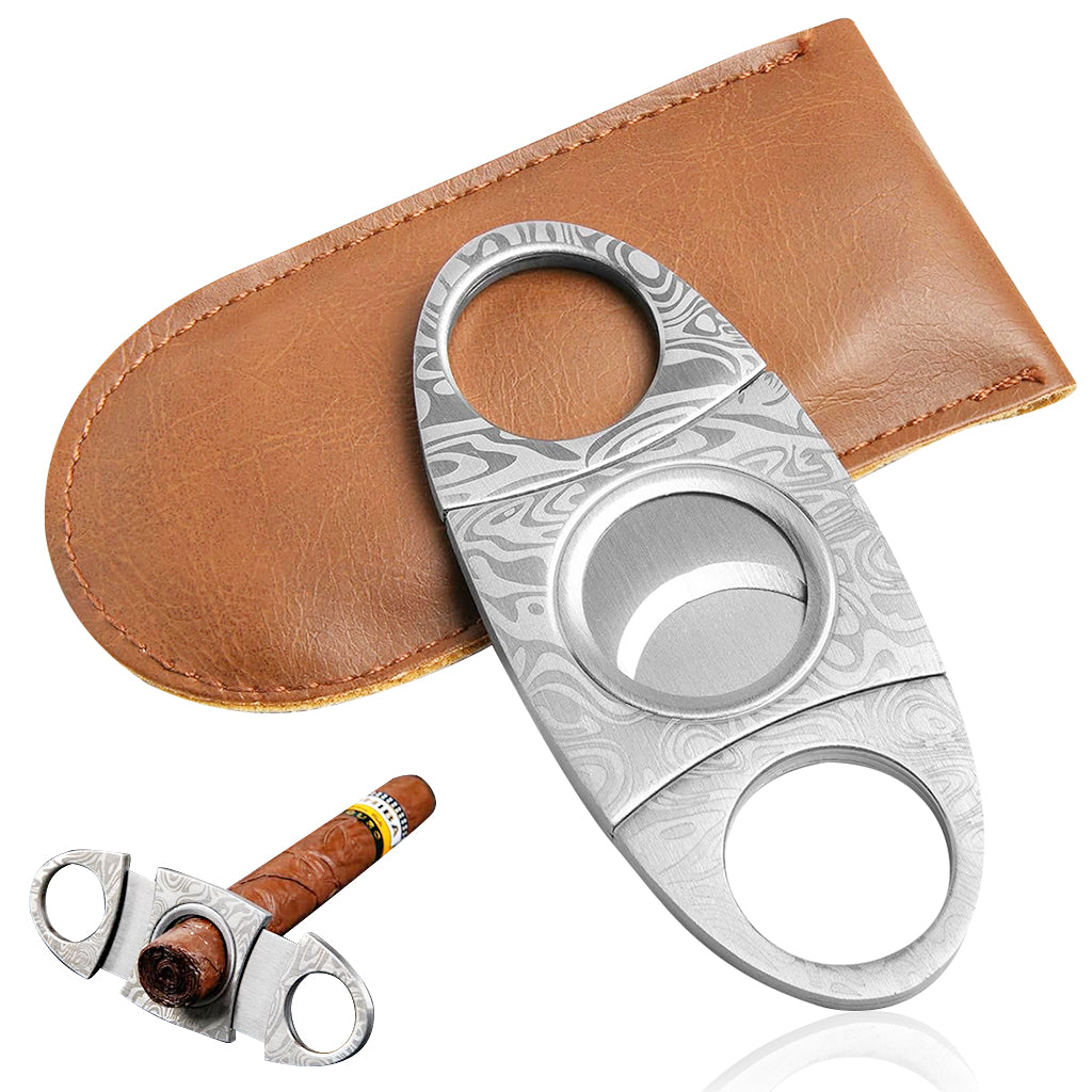 HASTHIP Cigar Cutter Double-Blade Cutter Stainless Steel Guillotine Cigar Cutter with PU Pouch Elegant Etching Patterned Cigar Cutter Cigar Accessories Gift, Silver
