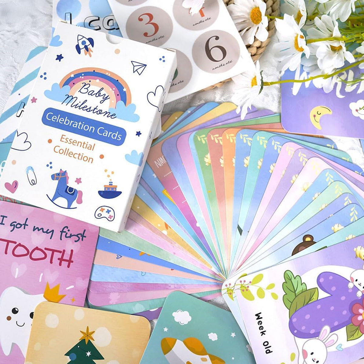 SNOWIE SOFT 50Pcs Baby Milestone Cards with Decorative Stickers Cartoon Milestone Props for Babies Photo Celebration Cards Baby Milestone Props with Blank Message Column Newborn Shower Gift 10x15cm