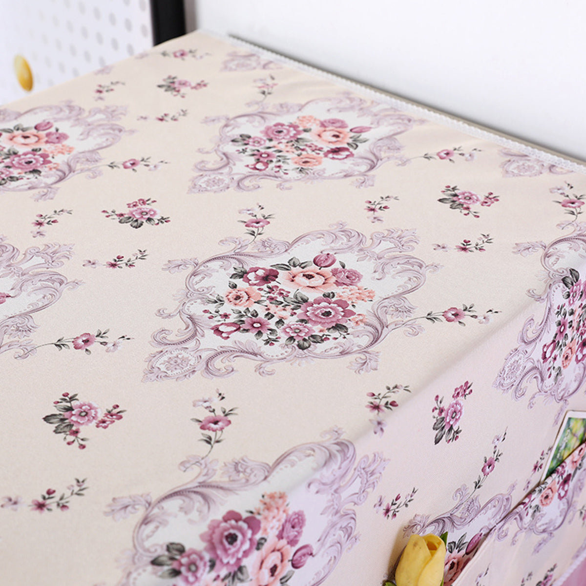 HASTHIP® Fridge Cover Fashion Floral Print Refrigerator Dust Proof Cover Refrigerator Roof Cover Lace Hem with Pockets Universal Fit Refrigerator Cover Kitchen Home Appliance Roofcover, 70x170cm