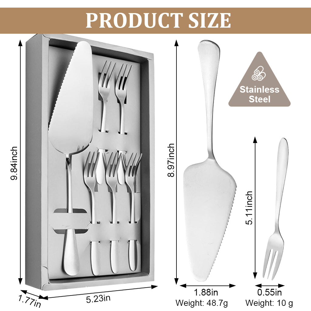 HASTHIP Cake Server Cake Forks Combo Set Stainless Steel Cake Slice & 5Pcs Dessert Forks, 2 in 1 Serrated Cake Cutter Slice 5.2 inches Cake Forks, Birthday Party Supplies Kitchen Supplies, Silver