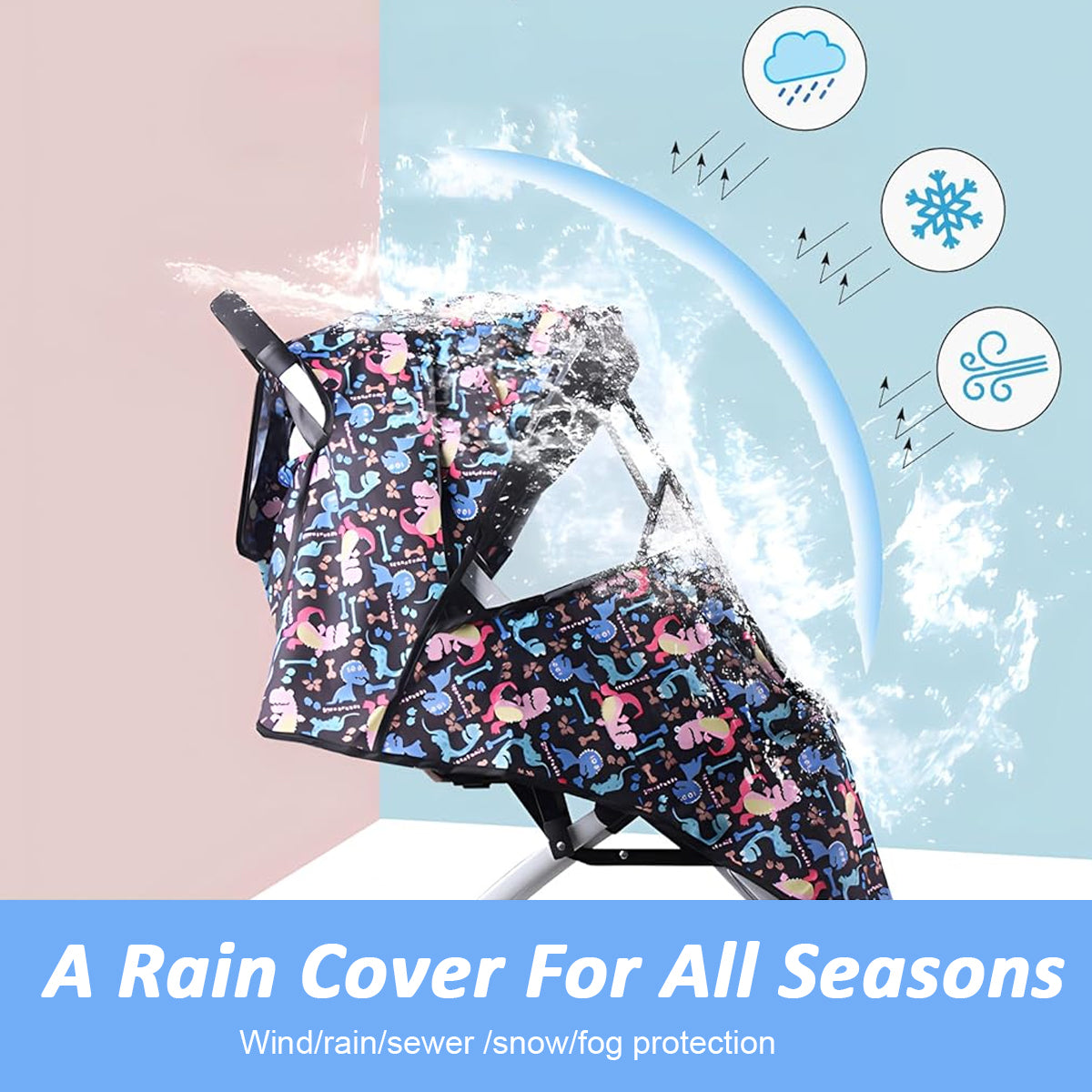 SNOWIE SOFT Rain Cover with Storage Bag Pushchair Baby Stroller Cover Zip-up Clear Front Piece Waterproof Oxford Cloth Rain Cover Dust Cover Universal Cartoon Print Cover