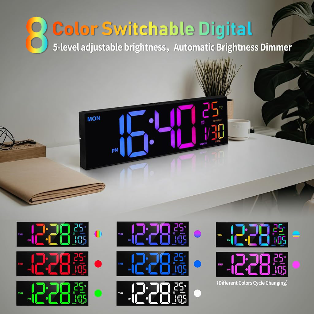 HASTHIP 16'' 8 Colors Wall Digital Alarm Clock with Remote Control, Large Digital Clock with Temperature, Date, Auto DST, Night Light, Auto Brightness Dimmer, Wall Clock for Living Room Office