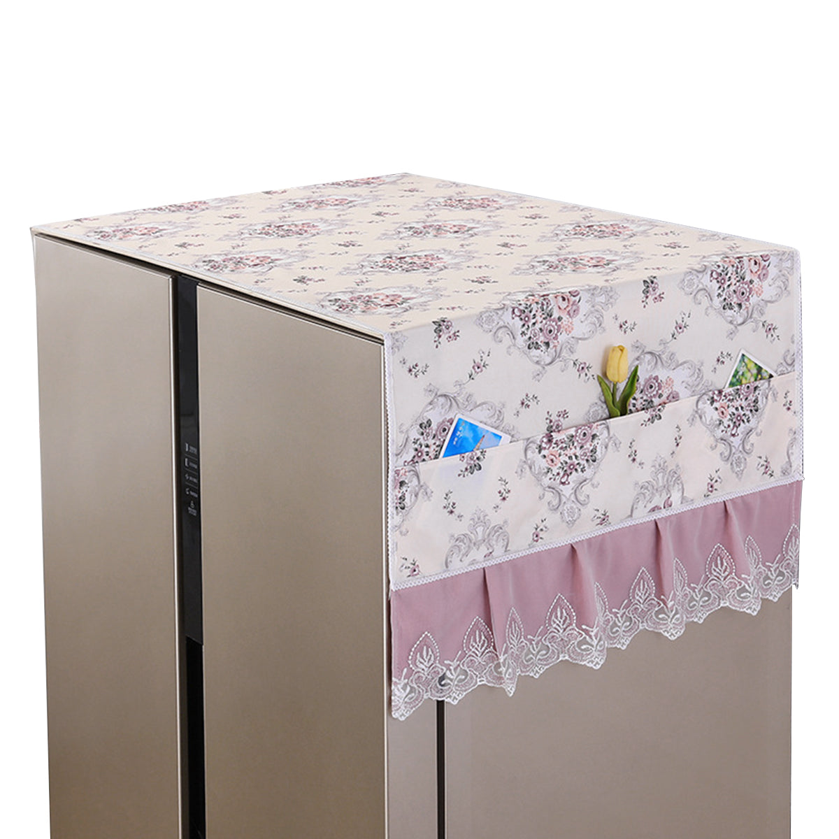 HASTHIP® Fridge Cover Fashion Floral Print Refrigerator Dust Proof Cover Refrigerator Roof Cover Lace Hem with Pockets Universal Fit Refrigerator Cover Kitchen Home Appliance Roofcover, 70x170cm