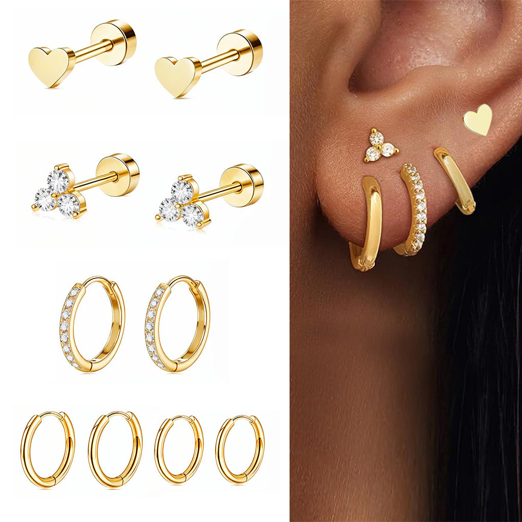 SANNIDHI 5 Pairs Earrings Set for Women Girls Stylish Hypoallergenic Surgical Gold Flat Back Stud Earrings Hoop Earrings Stainless Steel Cartilage Earrings Gifts Earrings Combo for Multiple Piercing