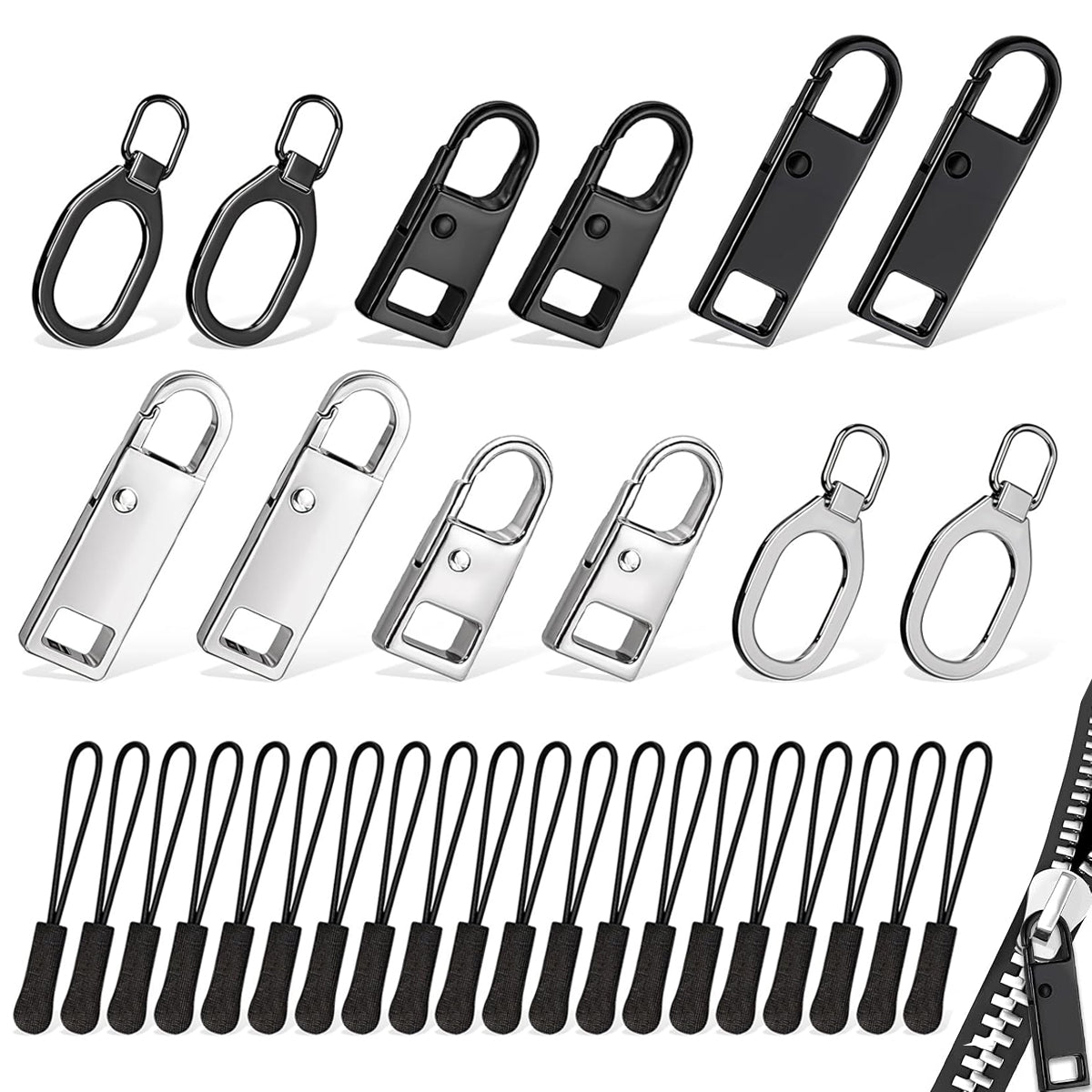 HASTHIP 32Pcs Zippers Metal Zipper Puller, Zipper Repair Kit, 4 Designs 2 Colors Zip Puller, Universal Zipper Puller Tabs Set, Multi Use Detachable Zipper Pulls for Jacket, Bags, Luggage