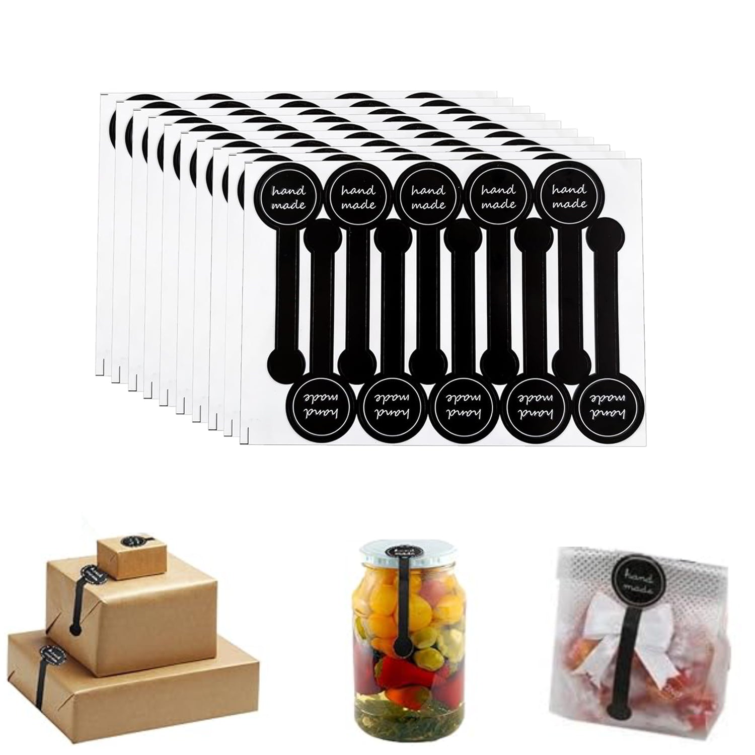 HASTHIP 300 Pcs Handmade Food Baking Label Stickers, Self-Adhesive Tamper-Proof Sealing Strip Labels, Black Striped Long Label for Artisan Bakery Craft Art and Other Decorative Labels