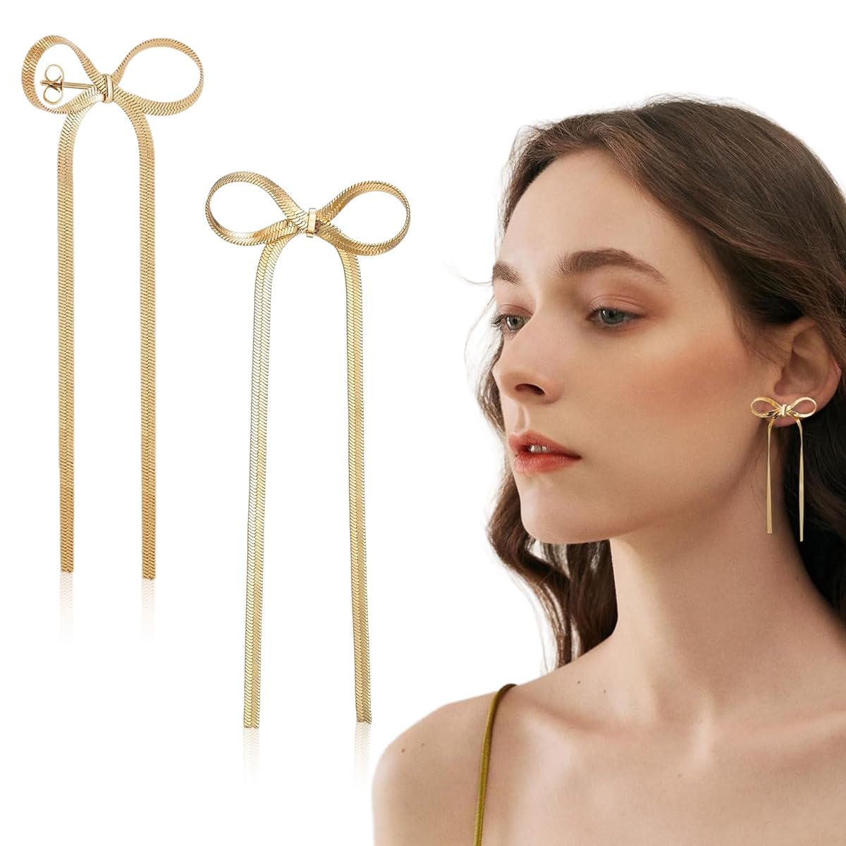 SANNIDHI Bow Earrings for Women Fashion 4'' Bow Drop Studs Earrings for Women Gold Soft Steel Dangle Earrings Long Tassel Chain Earrings Wedding Statement Gifts for Women - 1 Pairs