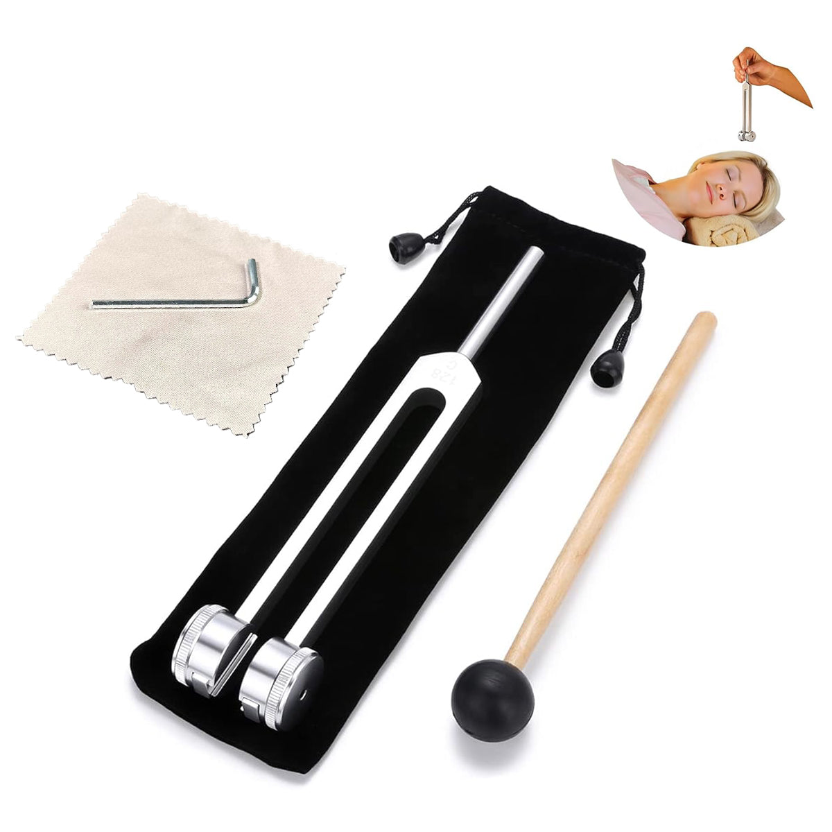 HASTHIP Tuning Fork 128Hz, Aluminum Alloy Tuning Fork for Acoustic Testing, Healing and Sound Therapy 128Hz Low Frequency Tuning Fork Set with Rubber Hammer, Wrench Tool, Storage Pouch