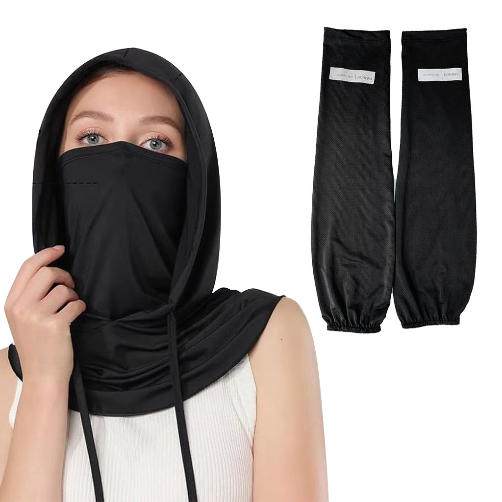 Proberos Ice Silk Summer Balaclava Hat Face Mask & Arm Sleeves UPF400+Sun Protection Drawingstring Hood Neck Gaiter Intergrated Face Mask Design Loosen Fit Arm Sleeves Fashion Outdoor Gear, Black