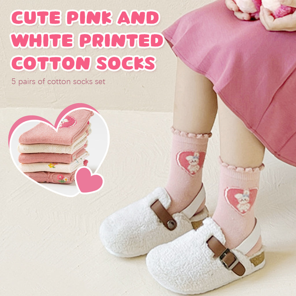 SNOWIE SOFT 5 Pairs Cotton Socks for Girls Primary School Girls Socks Assorted Designed Cute Pink White Print Ankle Socks for Girls Breathable Soft Cotton Socks for Girls 6-8 Years Old