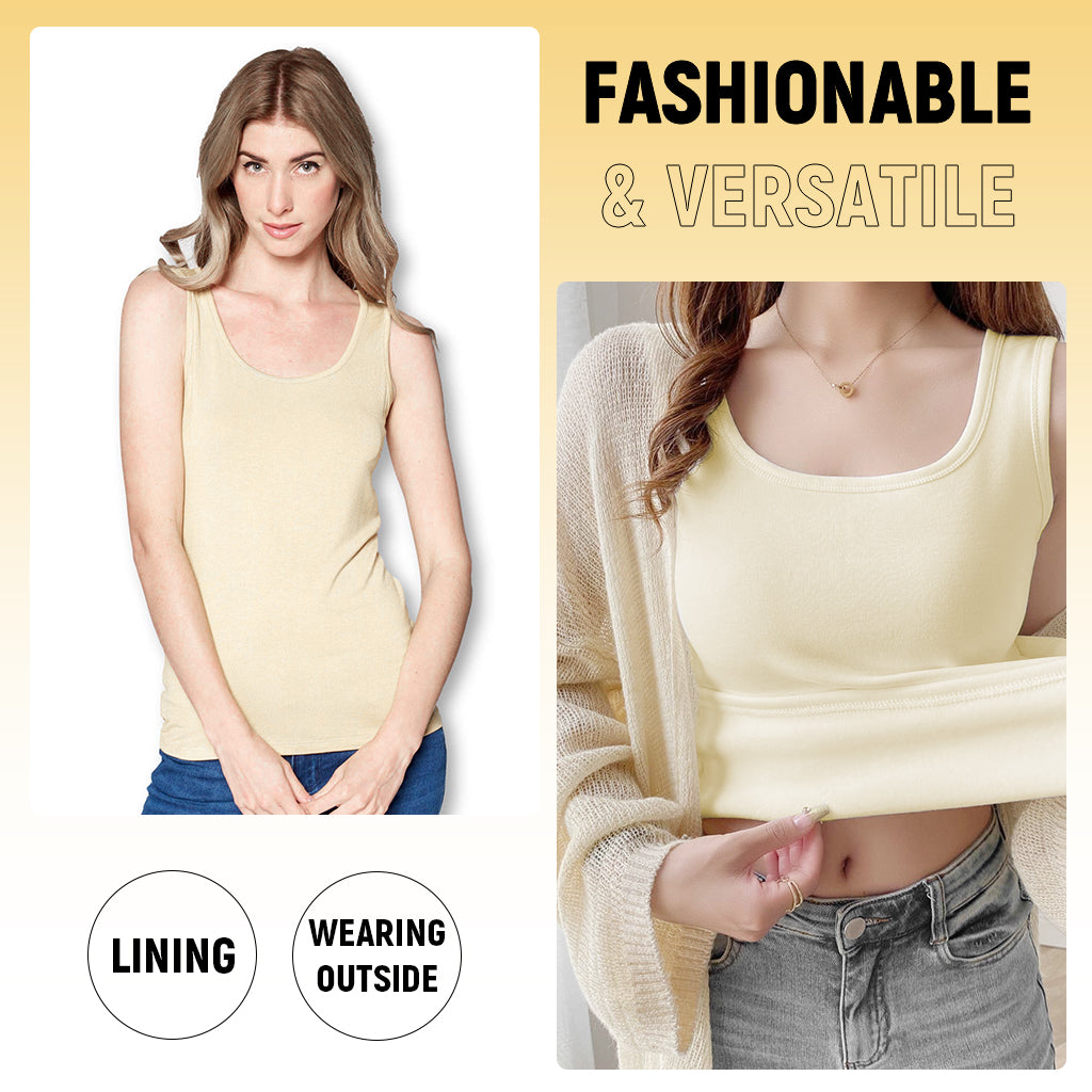 PALAY® Thermal Top for Women U-neck Thermal Vest Top for Women Winter Thermal Fleece Lined Wide Strap Vest Thick Tank Top Winter Basic Warm Vest, Beige