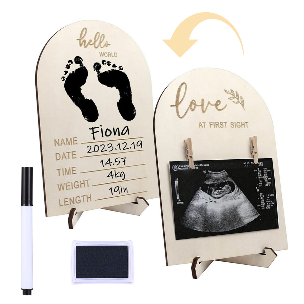 SNOWIE SOFT Baby Ultrasound Picture Frame Desk Baby Photo Frames Display Wooden Frame, with Ink Pad, Marker Pen, Wooden Clips, Creative Sonogram Photo Frame Gift for New Mother Shower Gift