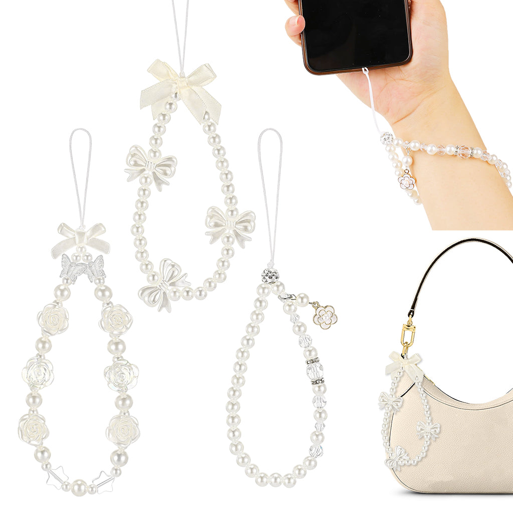ZORBES 3Pcs Chic Pearl Beaded Phone Charm Lanyard Flower Charm Bow Phone Loop String Phone Strap Phone Grip Lanyard Cute Girls Phone Charm Fashion Beaded Phone Chain Gifts for Girls.