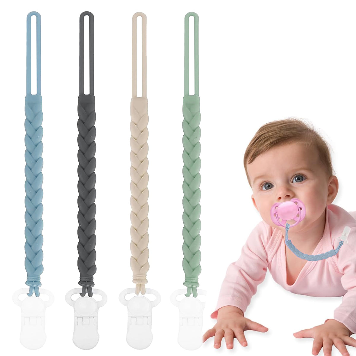 SNOWIE SOFT 4Pcs Pacifier Clip Straps Silicone Pacifier Holder Anti-lost Pacifier Holder for Clothes 4-Color Woven Silicone Pacifier Holder Clips Stroller Toy Clips Shower Gifts