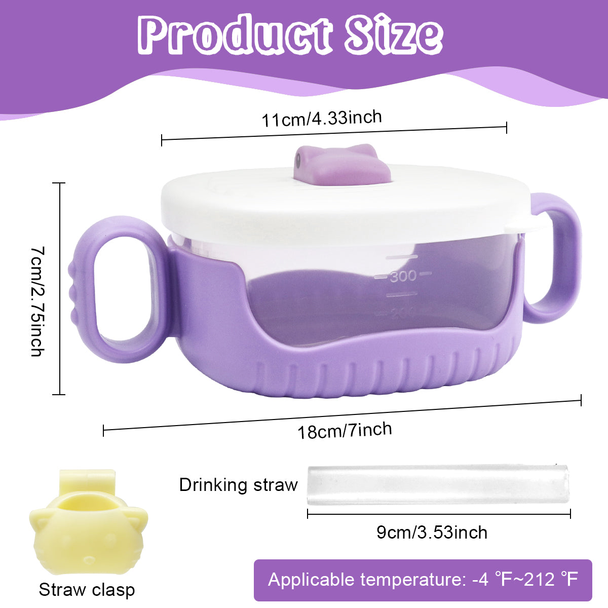 SNOWIE SOFT Baby Bowl with Dual Ears 400ml Baby Food Container with Lid Transparent Food Grade PP Baby Food Bowl with Clip-on Silicone Straw Travel Baby Food Container Snack Bowl