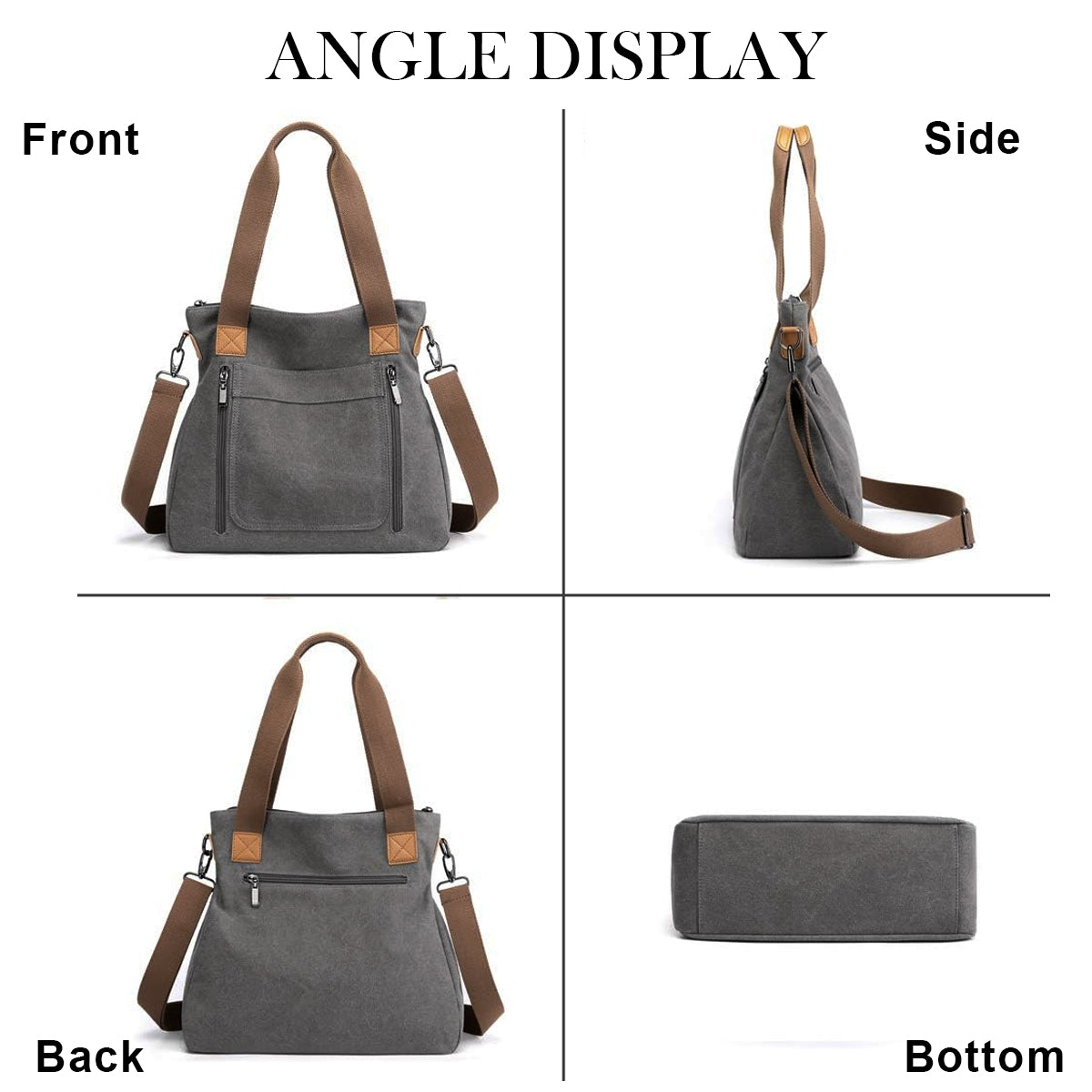 PALAY Handbag for Women Grey Canvas Shoulder Bag Tote Sling Bag Hand Bag Large Crossbody Bag with Detachable Shoulder Strap Korean Women Bag for School, Work
